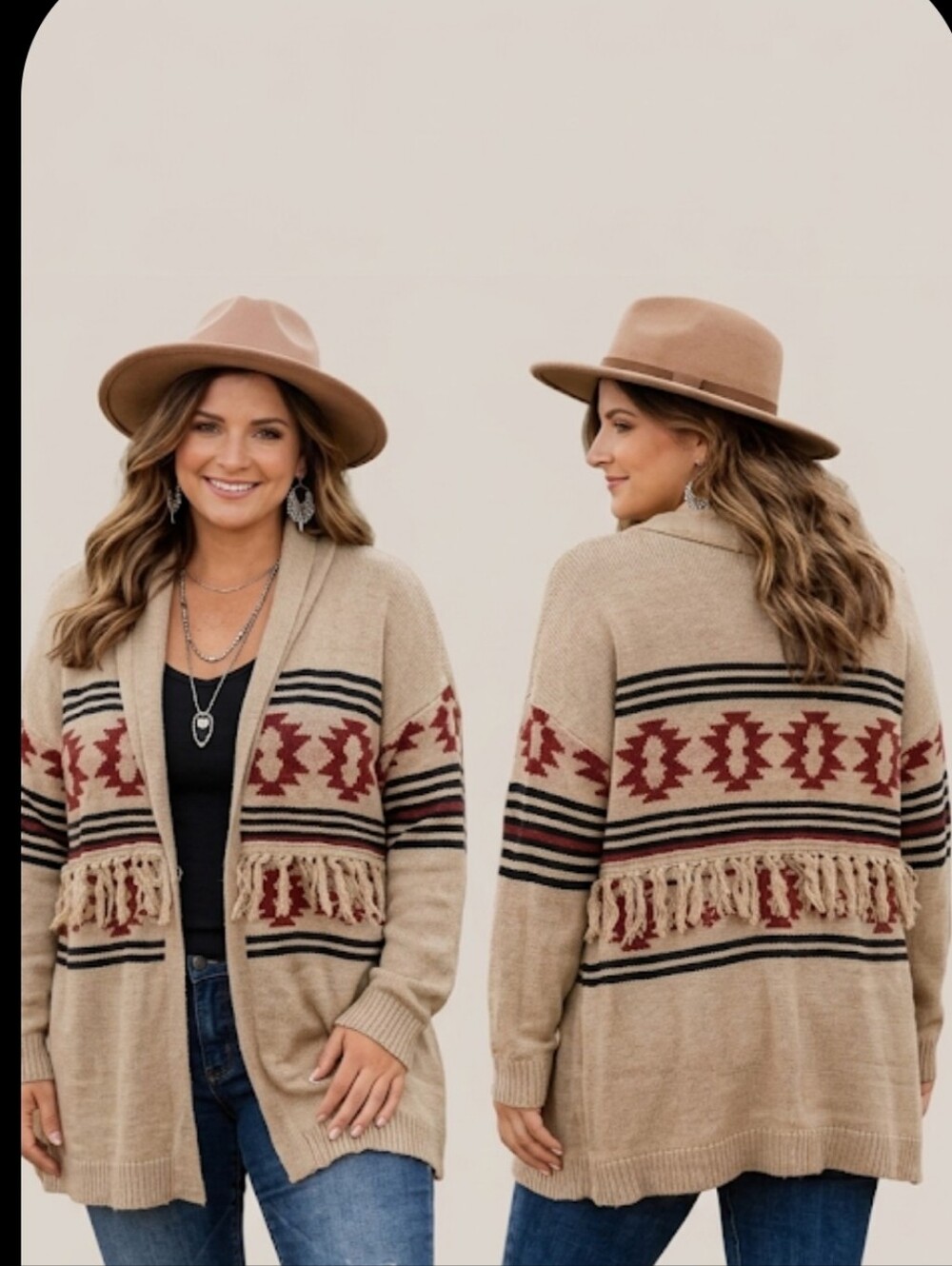 Maurices Beige Fringe Open Front Cardigan with Aztec Detail
